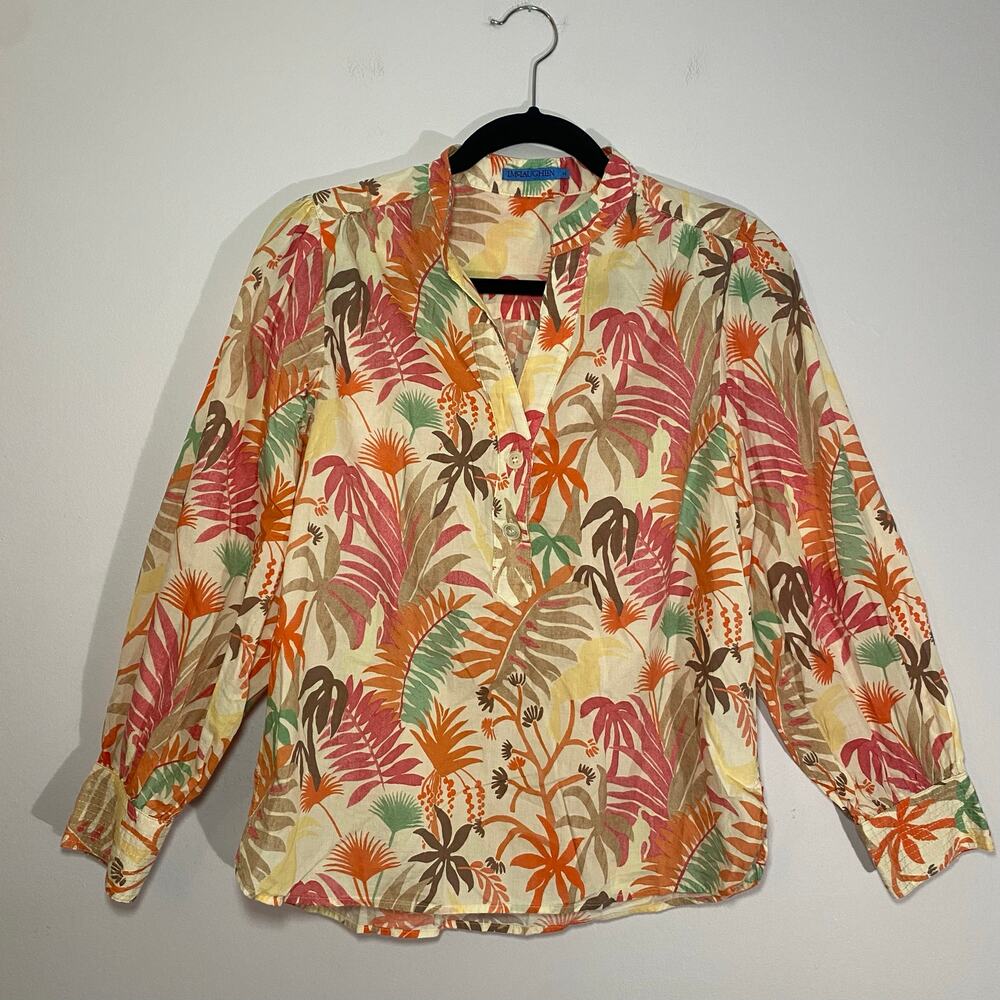 J.McLaughlin Colorful Tropical Print Long Sleeve Tunic Blouse Cotton size Medium